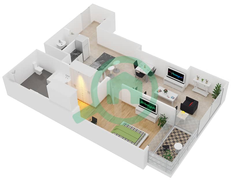 المخططات الطابقية لتصميم النموذج 1B شقة 1 غرفة نوم - جميرا ليفينغ مارينا جيت interactive3D