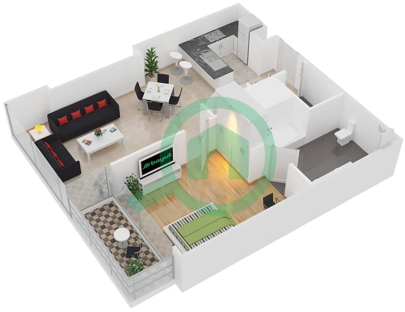 المخططات الطابقية لتصميم النموذج 1C شقة 1 غرفة نوم - جميرا ليفينغ مارينا جيت interactive3D