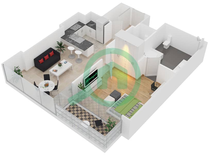 المخططات الطابقية لتصميم النموذج 1D شقة 1 غرفة نوم - جميرا ليفينغ مارينا جيت interactive3D