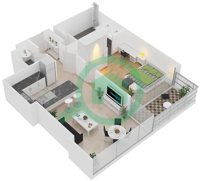 المخططات الطابقية لتصميم النموذج 1E شقة 1 غرفة نوم - جميرا ليفينغ مارينا جيت interactive3D