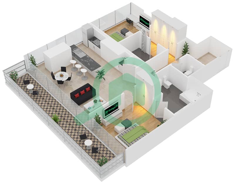 朱美拉生活滨海之门 - 2 卧室公寓类型2A戶型图 interactive3D