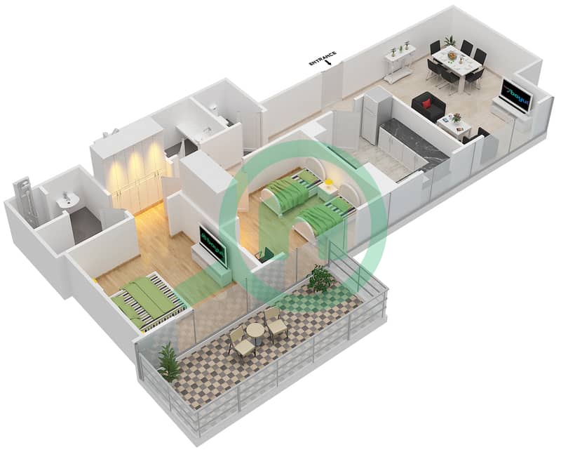 المخططات الطابقية لتصميم النموذج 2 شقة 2 غرفة نوم - سباركل تاور 2 interactive3D