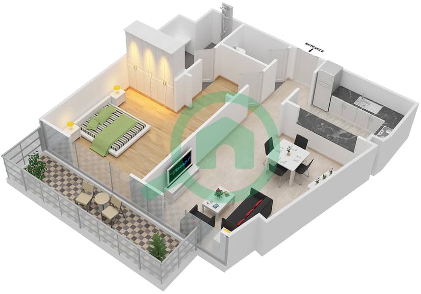 Тауэр Спаркл 3 - Апартамент 1 Спальня планировка Тип/мера 3 / 9 / FLOOR 1-4 Unit 9 interactive3D