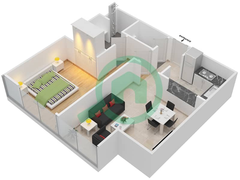 المخططات الطابقية لتصميم النموذج 5 شقة 1 غرفة نوم - برج التألق 3 interactive3D