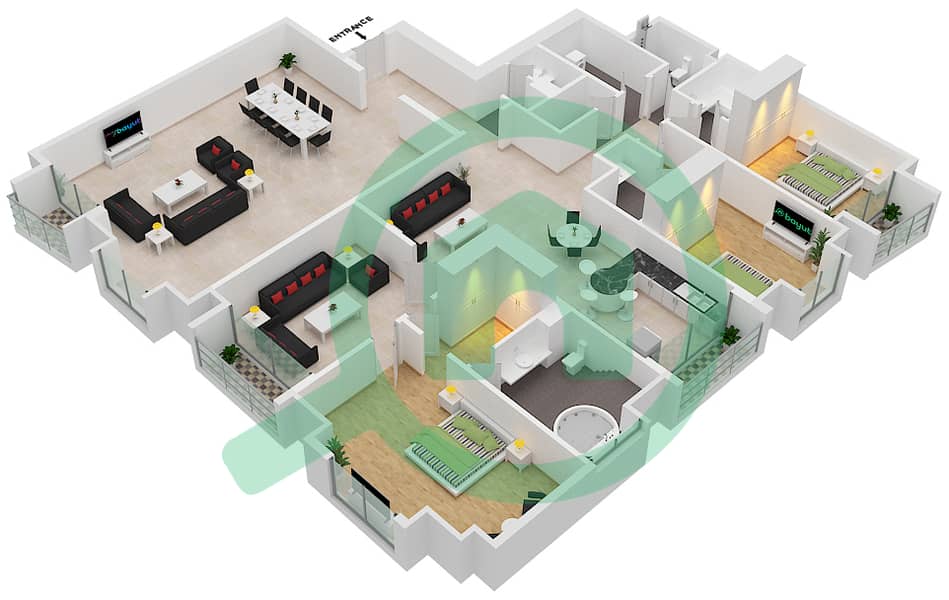 精英公寓 - 3 卧室顶楼公寓类型／单位1A/2戶型图 interactive3D
