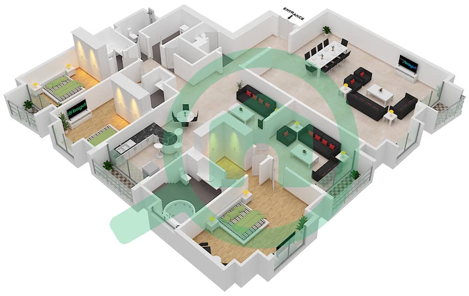精英公寓 - 3 卧室顶楼公寓类型／单位1B/1戶型图 interactive3D
