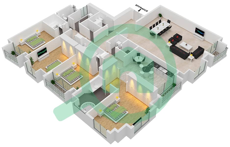 精英公寓 - 4 卧室顶楼公寓类型／单位1B/1戶型图 interactive3D