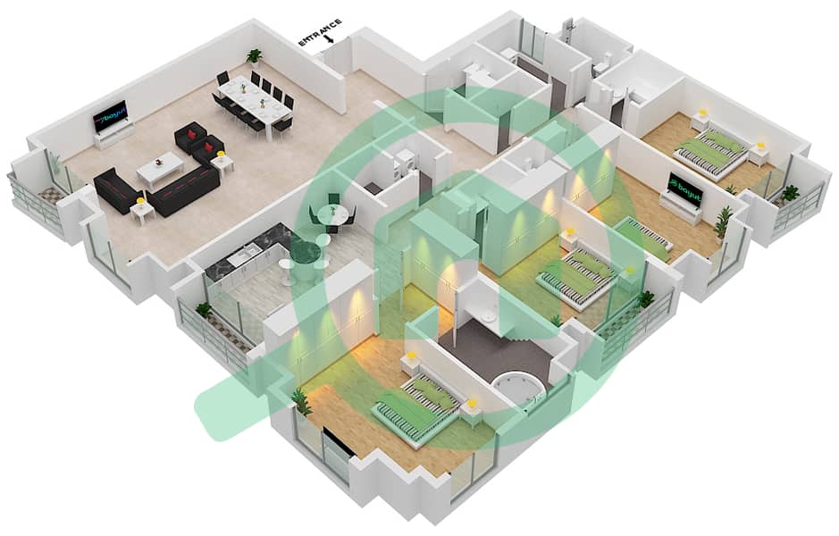 精英公寓 - 4 卧室顶楼公寓类型／单位2B/4戶型图 interactive3D