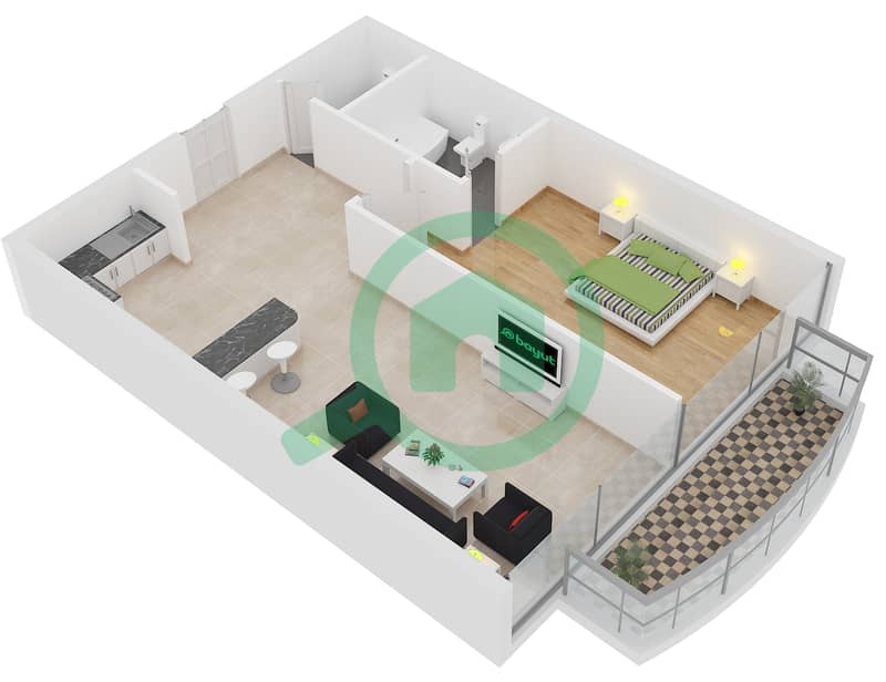 المخططات الطابقية لتصميم النموذج A شقة 1 غرفة نوم - برج مانشستر interactive3D