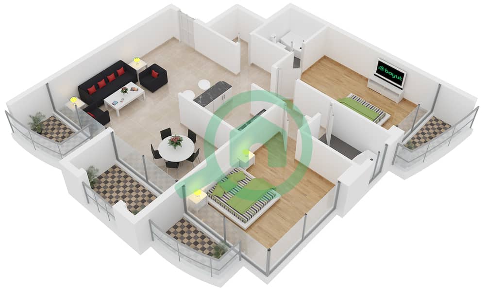 المخططات الطابقية لتصميم النموذج A شقة 2 غرفة نوم - برج مانشستر interactive3D