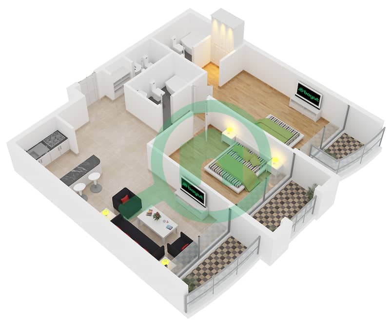 المخططات الطابقية لتصميم النموذج B شقة 2 غرفة نوم - برج مانشستر interactive3D