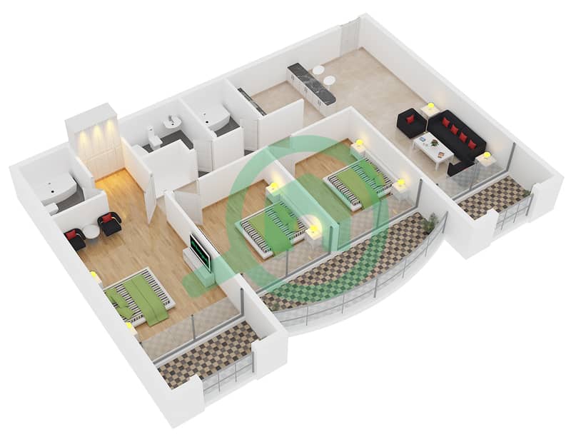 المخططات الطابقية لتصميم النموذج B شقة 3 غرف نوم - برج مانشستر interactive3D
