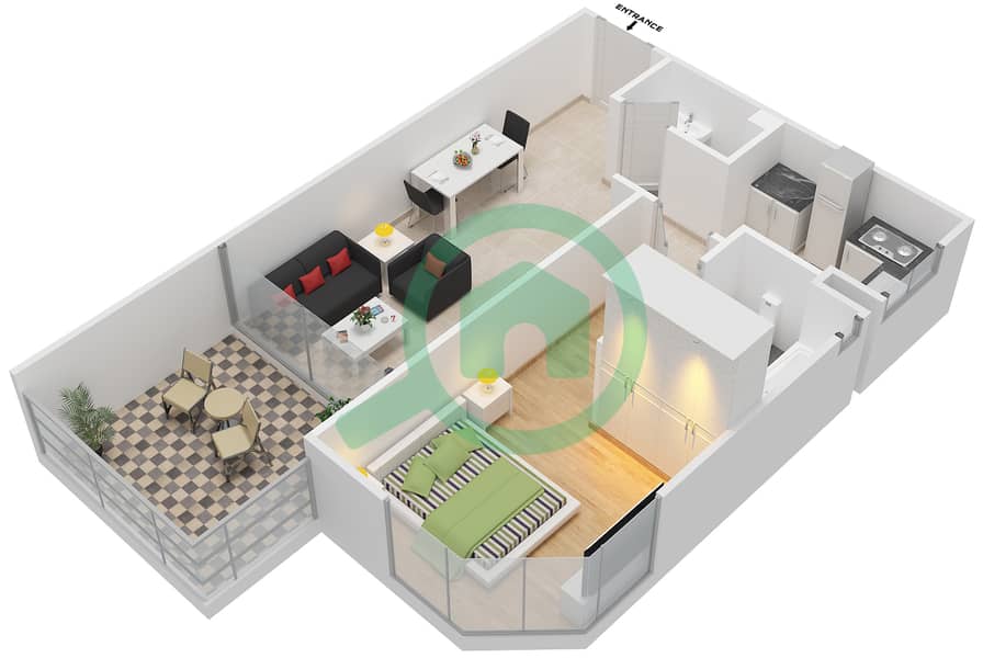 Марина Резиденс А - Апартамент 1 Спальня планировка Тип C interactive3D