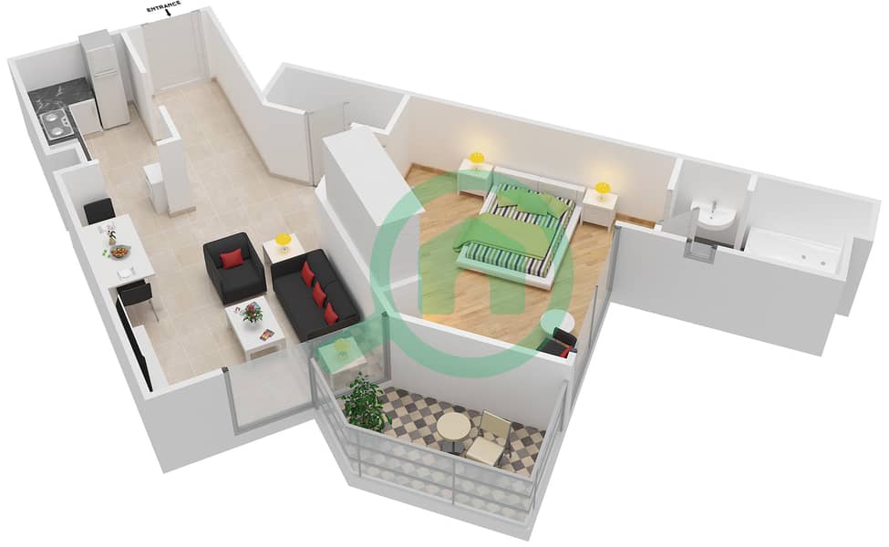 滨海公寓A - 1 卧室公寓类型D戶型图 interactive3D