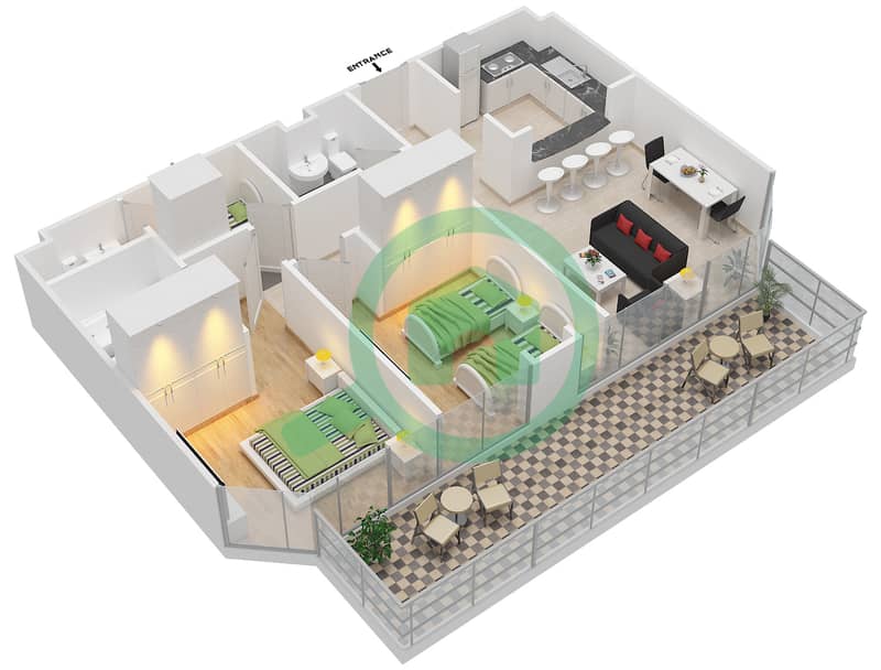 المخططات الطابقية لتصميم النموذج F شقة 2 غرفة نوم - مارينا ريزيدنس A interactive3D