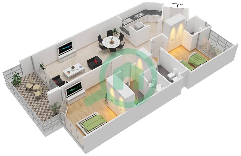 Марина Резиденс А - Апартамент 2 Cпальни планировка Тип G interactive3D