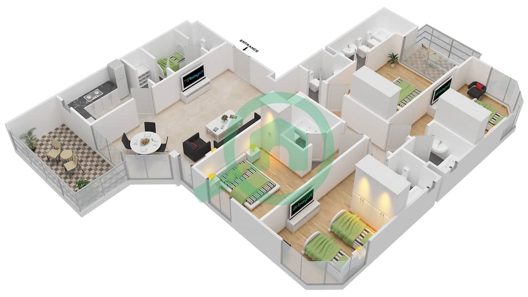 المخططات الطابقية لتصميم النموذج I شقة 4 غرف نوم - مارينا ريزيدنس A interactive3D