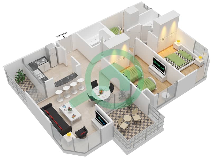 Марина Резиденс А - Апартамент 2 Cпальни планировка Тип J interactive3D