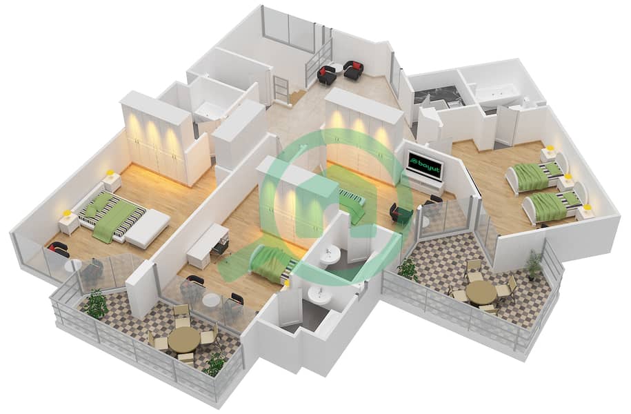 滨海公寓A - 5 卧室顶楼公寓类型PH-5戶型图 interactive3D