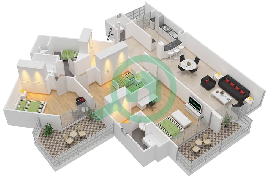 المخططات الطابقية لتصميم النموذج H شقة 3 غرف نوم - مارينا ريزيدنس A interactive3D