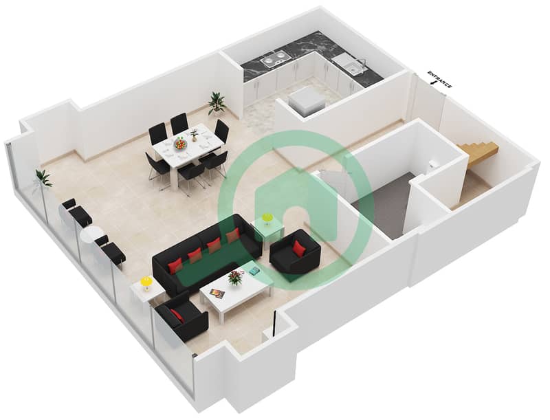 المخططات الطابقية لتصميم الوحدة 203 شقة 1 غرفة نوم - برج مارينا أركيد interactive3D