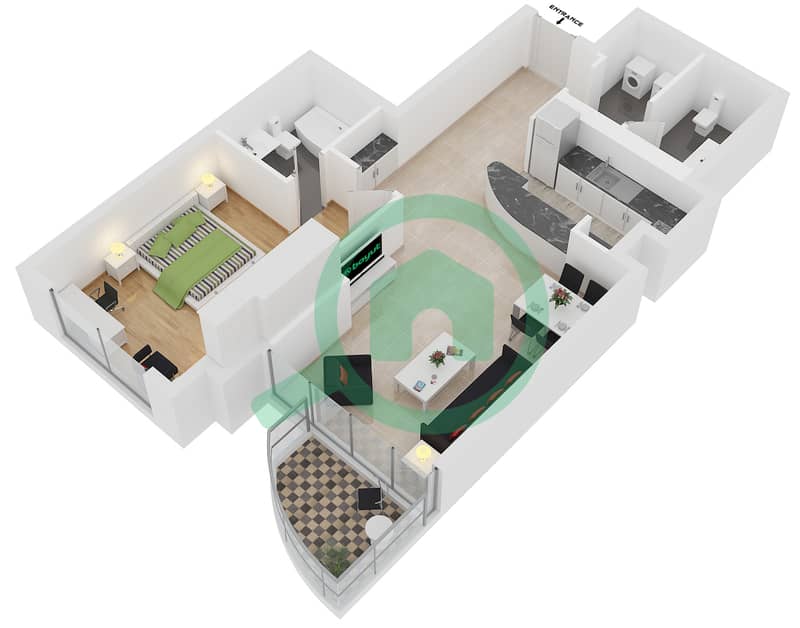 المخططات الطابقية لتصميم النموذج T2 شقة 1 غرفة نوم - مارينا كراون interactive3D