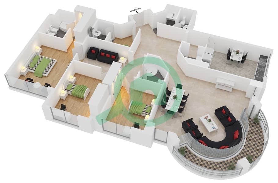 المخططات الطابقية لتصميم النموذج T5 شقة 3 غرف نوم - مارينا كراون interactive3D