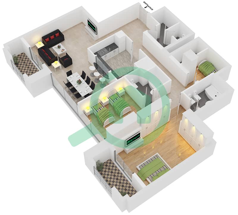المخططات الطابقية لتصميم النموذج T6 شقة 2 غرفة نوم - مارينا كراون interactive3D