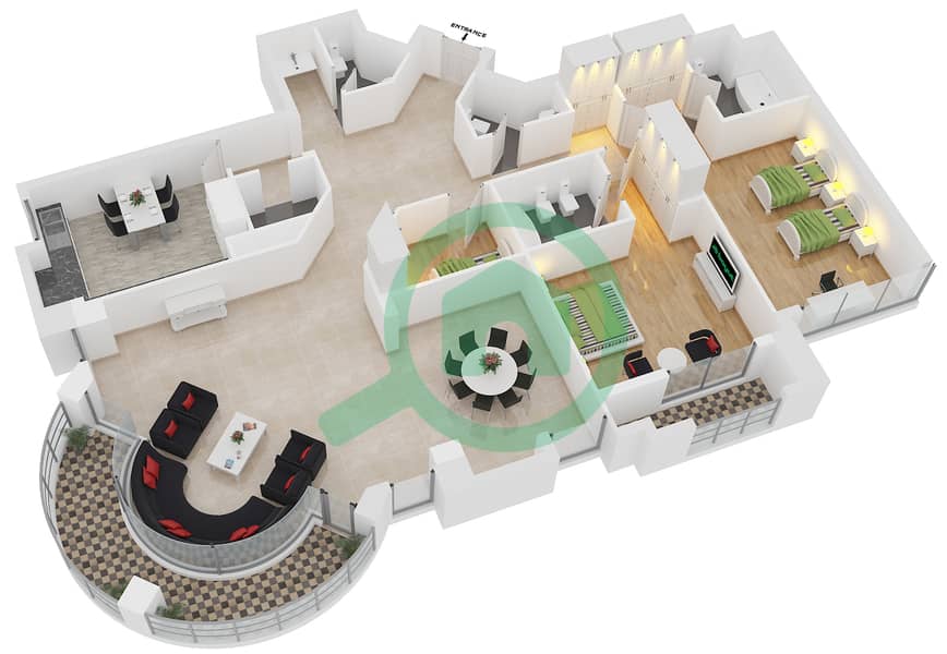 المخططات الطابقية لتصميم النموذج T8 شقة 2 غرفة نوم - مارينا كراون interactive3D