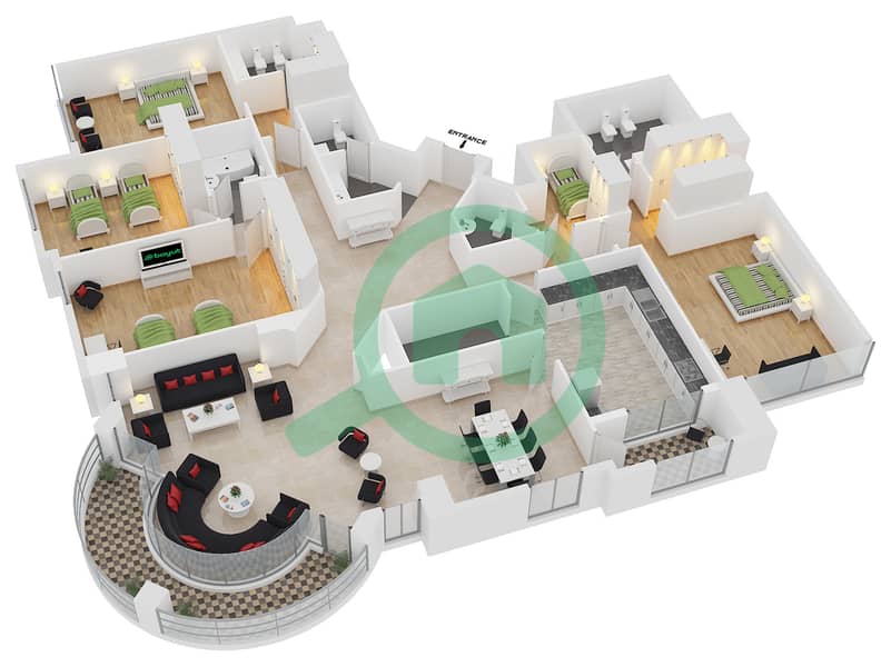 Марина Краун - Апартамент 4 Cпальни планировка Тип T9 interactive3D