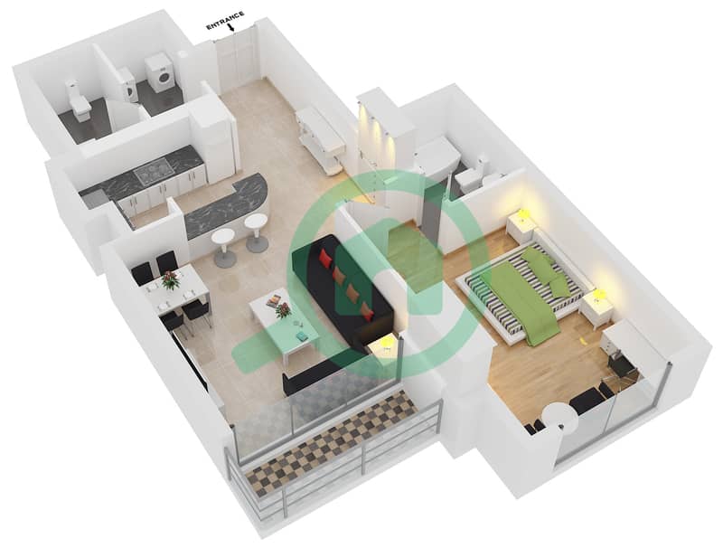 المخططات الطابقية لتصميم النموذج T13 شقة 1 غرفة نوم - مارينا كراون interactive3D