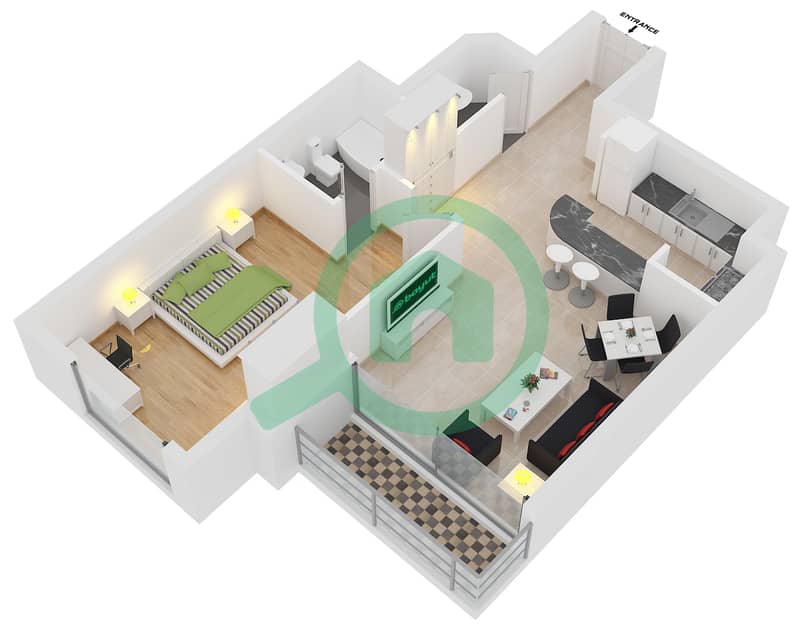 المخططات الطابقية لتصميم النموذج T14 شقة 1 غرفة نوم - مارينا كراون interactive3D