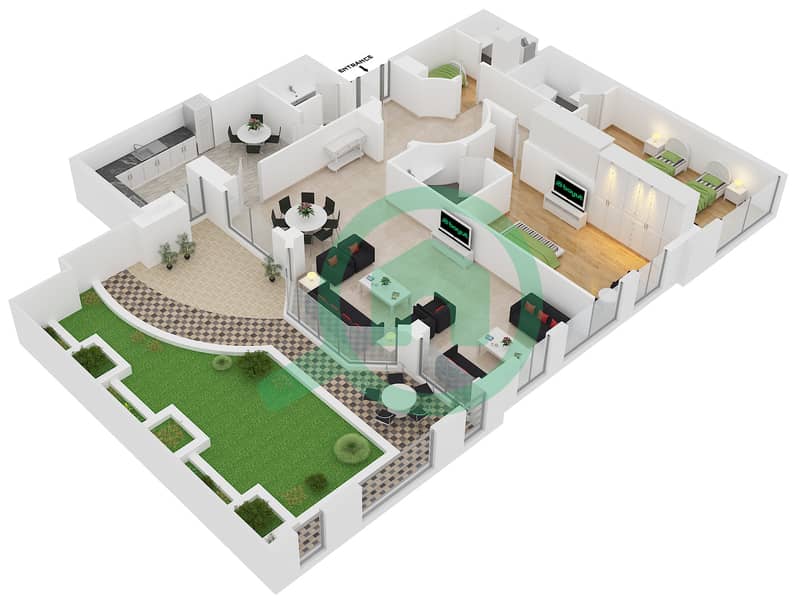 المخططات الطابقية لتصميم النموذج T1 فیلا 2 غرفة نوم - مارينا كراون interactive3D