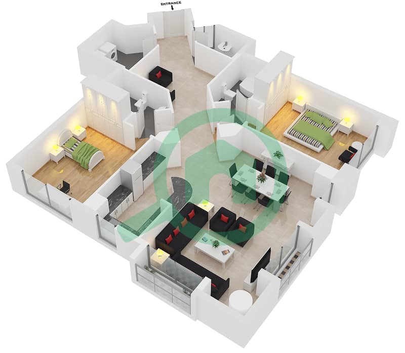 滨海皇冠塔楼 - 2 卧室公寓类型T1戶型图 interactive3D