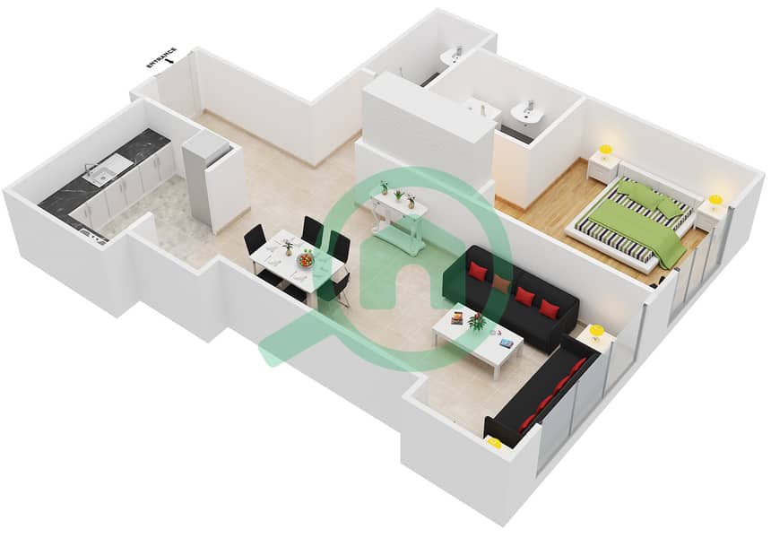 المخططات الطابقية لتصميم الوحدة 1601 شقة 1 غرفة نوم - برج مارينا أركيد interactive3D