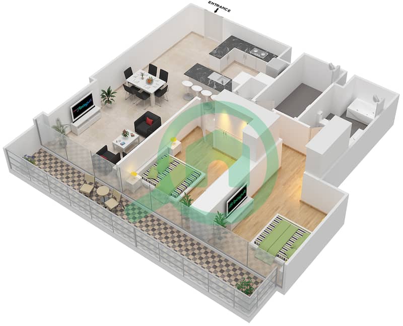 المخططات الطابقية لتصميم النموذج 2B شقة 2 غرفة نوم - مارينا جيت 1 interactive3D