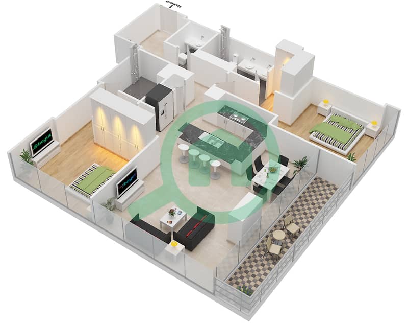 Floor plans for Type 2C 2bedroom Apartments in Marina