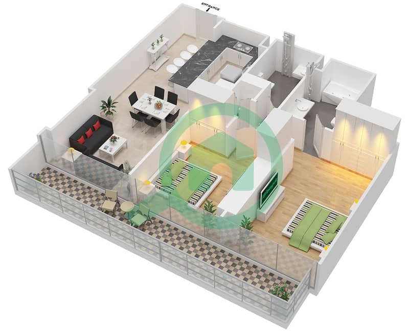 Marina Gate 1 - 2 Bedroom Apartment Type 2D Floor plan interactive3D
