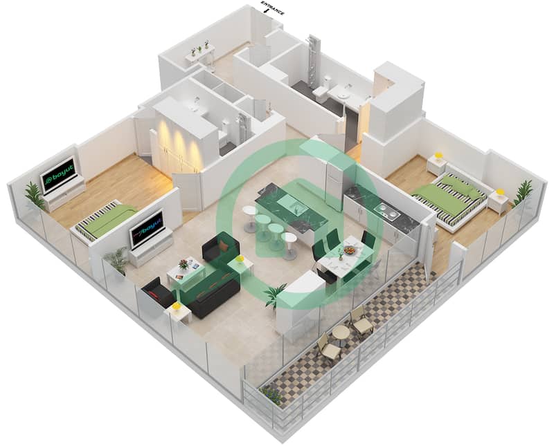 المخططات الطابقية لتصميم النموذج 2F شقة 2 غرفة نوم - مارينا جيت 1 interactive3D