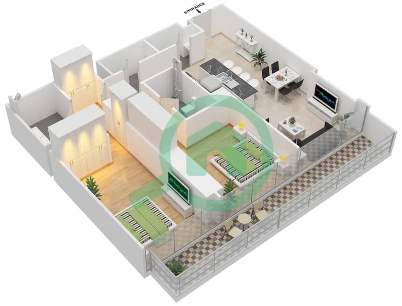 المخططات الطابقية لتصميم النموذج 2E شقة 2 غرفة نوم - مارينا جيت 1 interactive3D