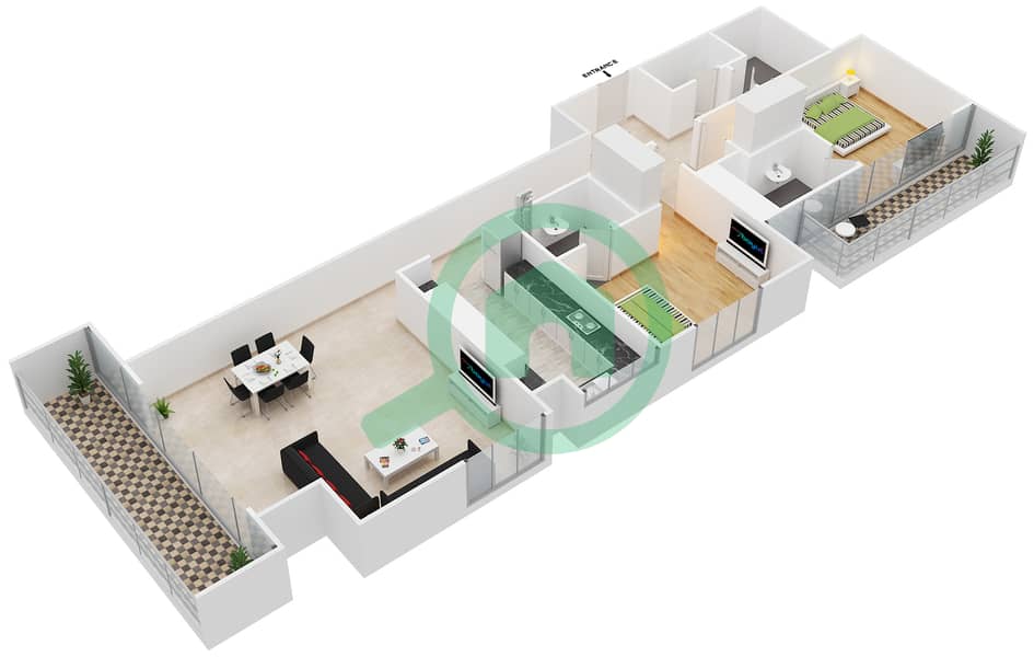 المخططات الطابقية لتصميم الوحدة 404 شقة 2 غرفة نوم - برج مارينا أركيد interactive3D