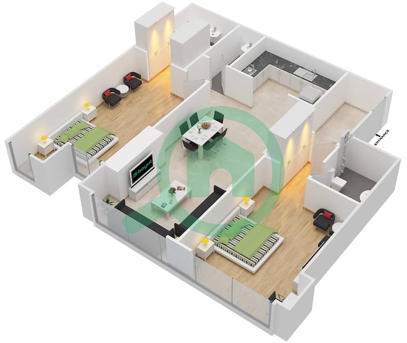 المخططات الطابقية لتصميم الوحدة 406 شقة 2 غرفة نوم - برج مارينا أركيد interactive3D
