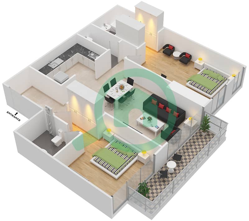 المخططات الطابقية لتصميم الوحدة 503 شقة 2 غرفة نوم - برج مارينا أركيد interactive3D