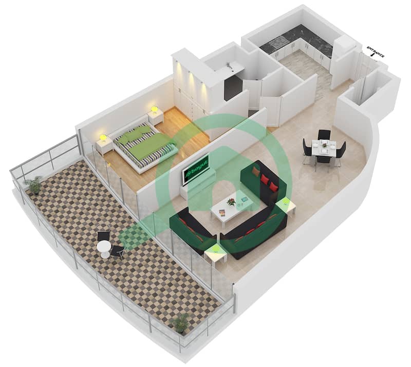 滨海阳台公寓大楼 - 1 卧室公寓类型A戶型图 interactive3D