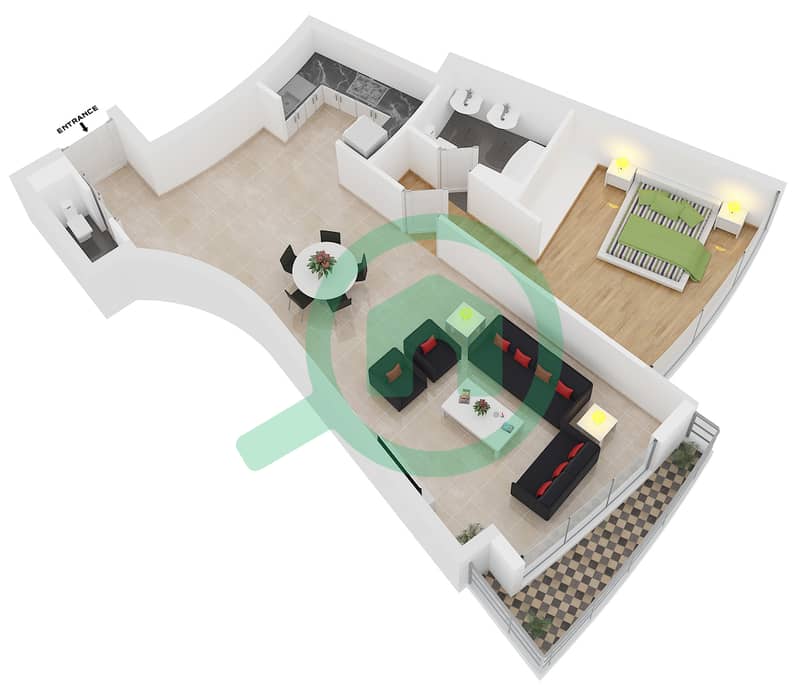 滨海阳台公寓大楼 - 1 卧室公寓类型B戶型图 interactive3D