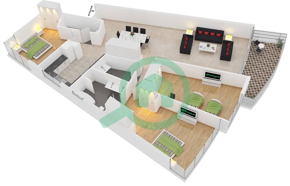 滨海阳台公寓大楼 - 3 卧室公寓类型C戶型图 interactive3D