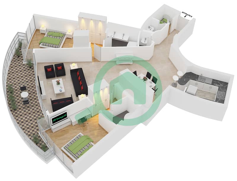 المخططات الطابقية لتصميم النموذج F شقة 2 غرفة نوم - مارينا تراس interactive3D