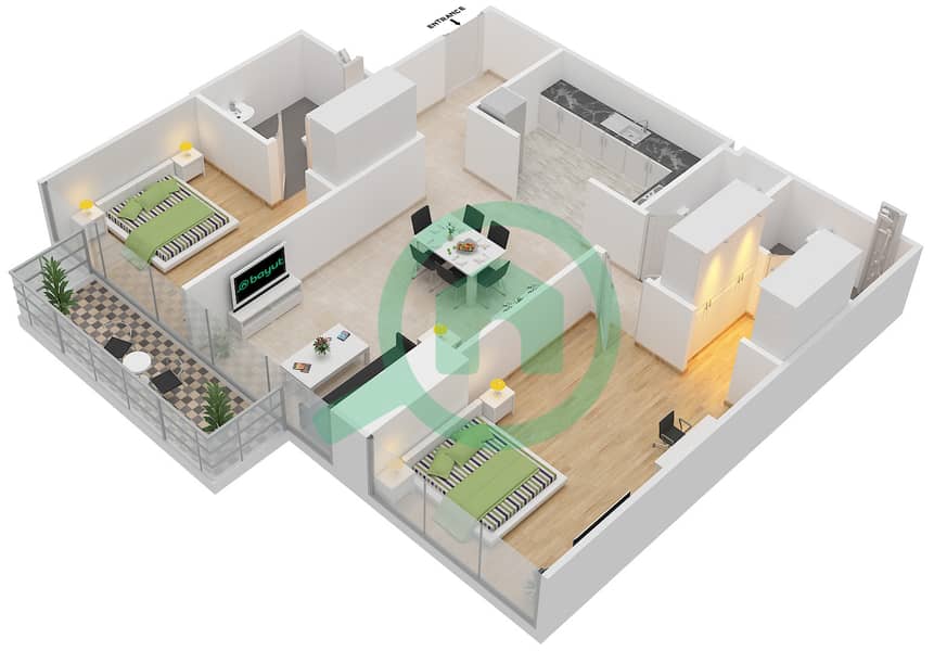 المخططات الطابقية لتصميم الوحدة 603 شقة 2 غرفة نوم - برج مارينا أركيد interactive3D
