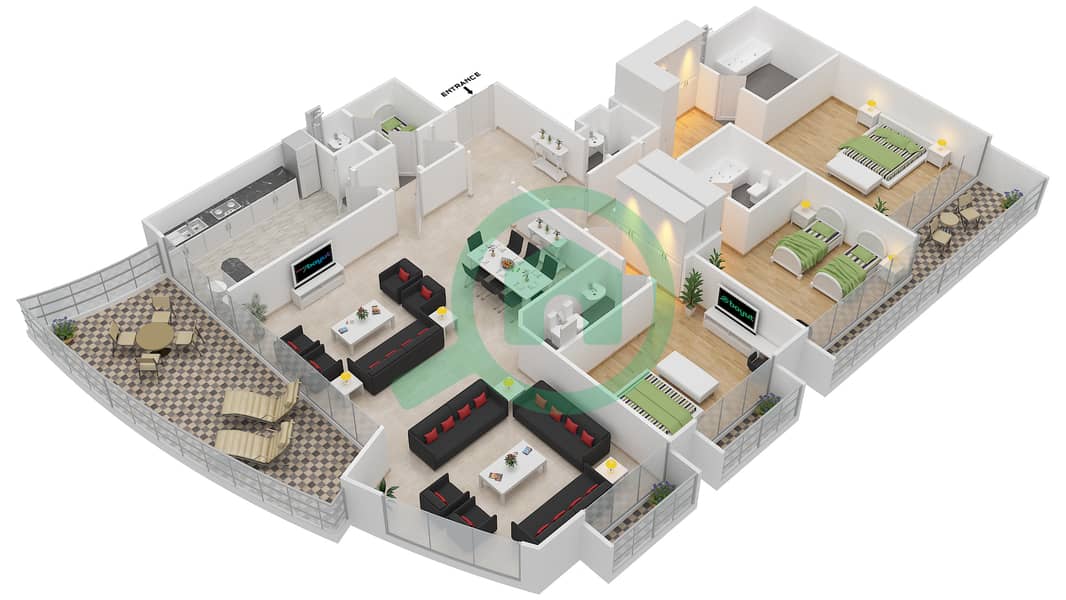 المخططات الطابقية لتصميم النموذج B شقة 3 غرف نوم - مارينا مانشنز interactive3D