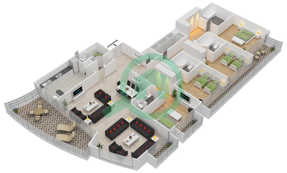 المخططات الطابقية لتصميم النموذج B شقة 4 غرف نوم - مارينا مانشنز interactive3D